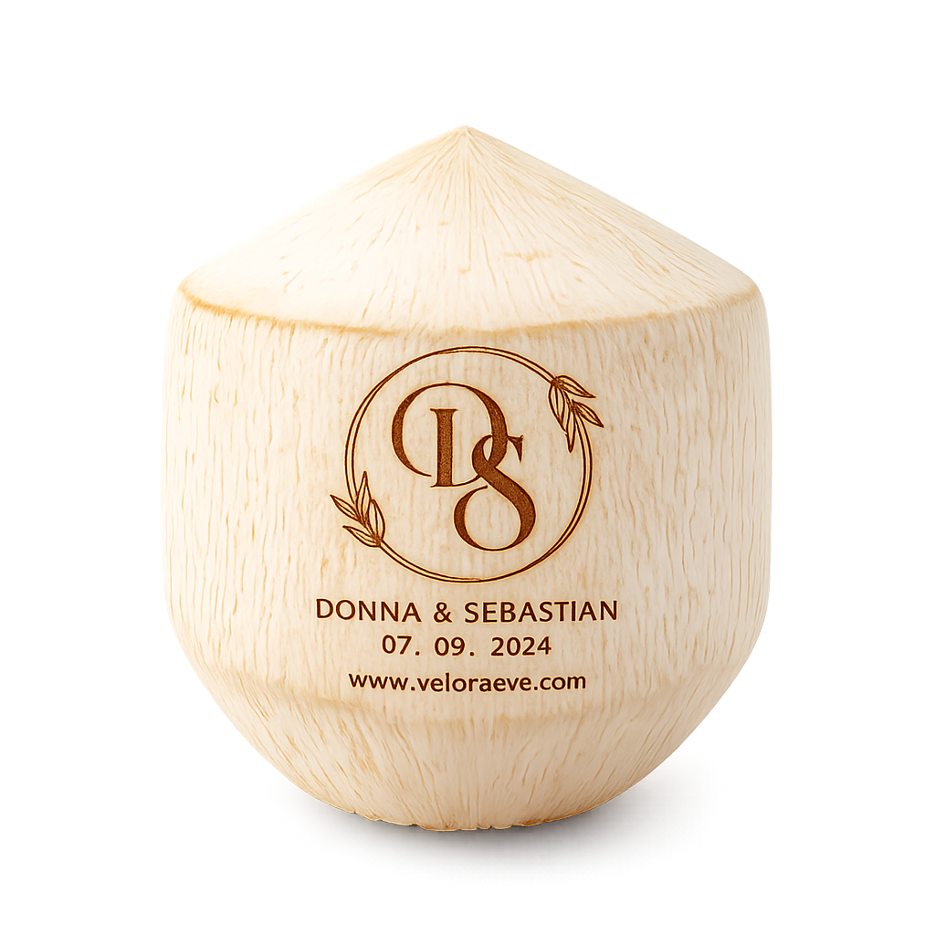 Donna & Sebastian custom-engraved tender coconut by Velora Eve Bangalore