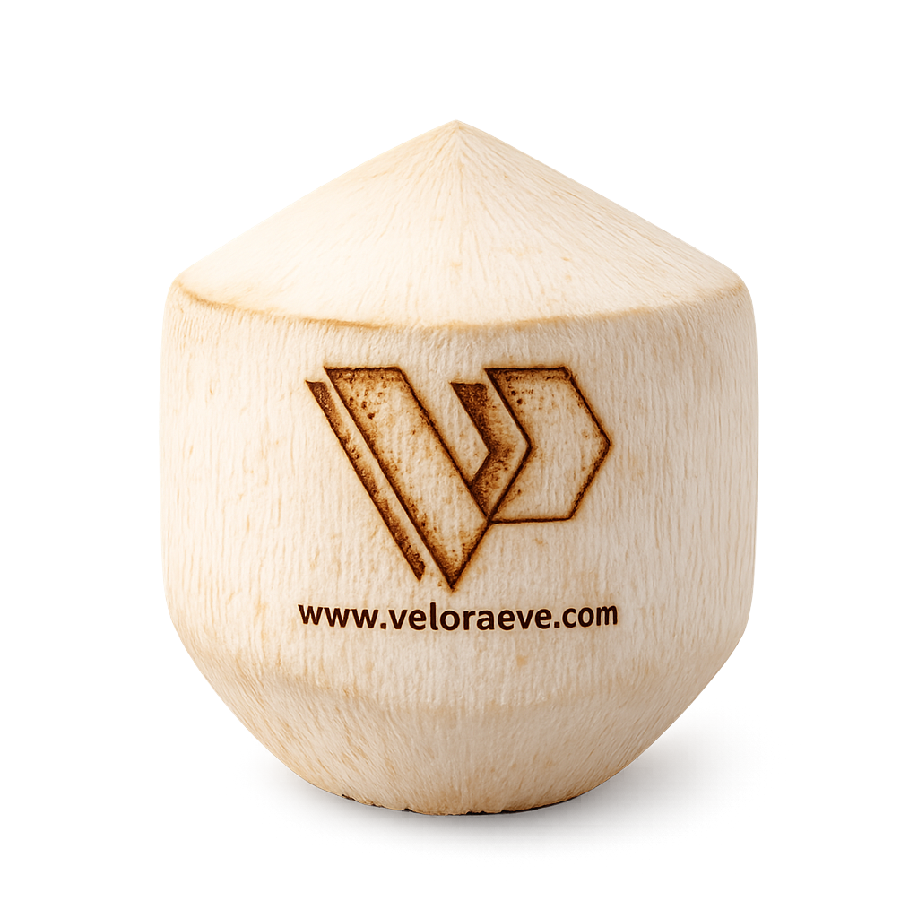 Velora Eve branded tender coconut with heat-stamped logo