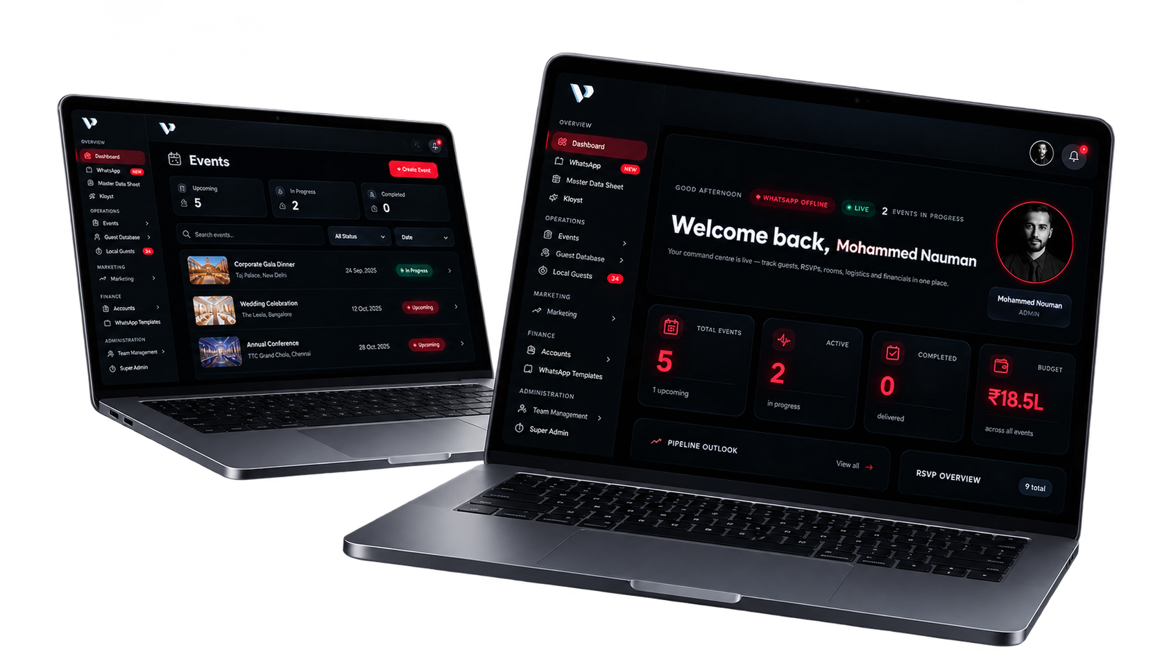 Velora Eve event operations portal displayed across two laptops