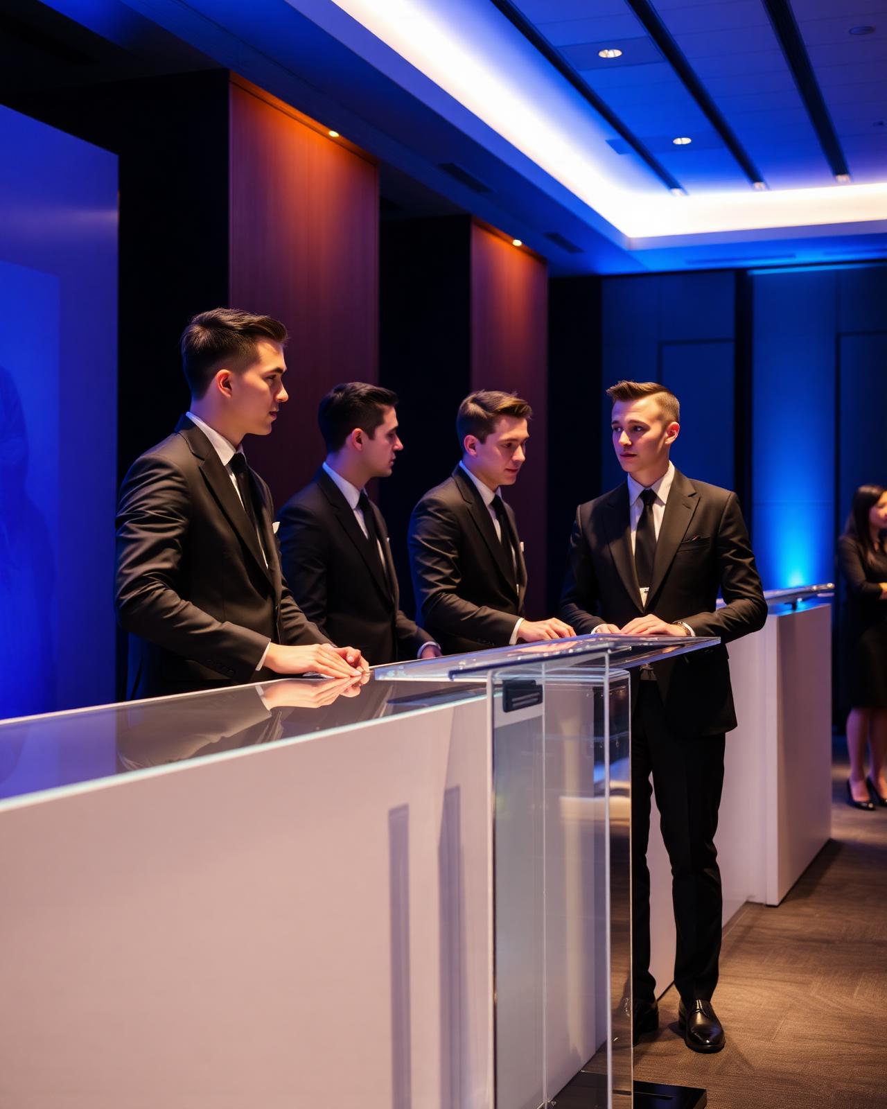 Uniformed Velora Eve hospitality team at premium corporate event registration desk
